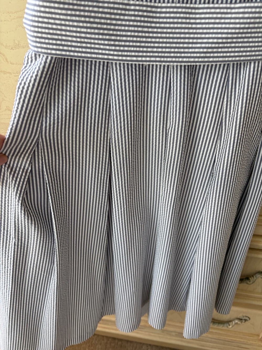 Anne Klein Mtn Blue and White Striped, Pleated Sleeveless Midi Dress with Tie - Picture 6 of 6